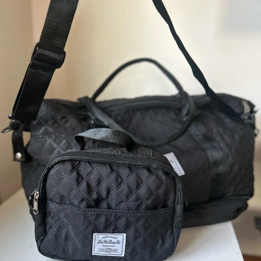 2 pcs set Black Quilted Duffel Bag Set travel bags